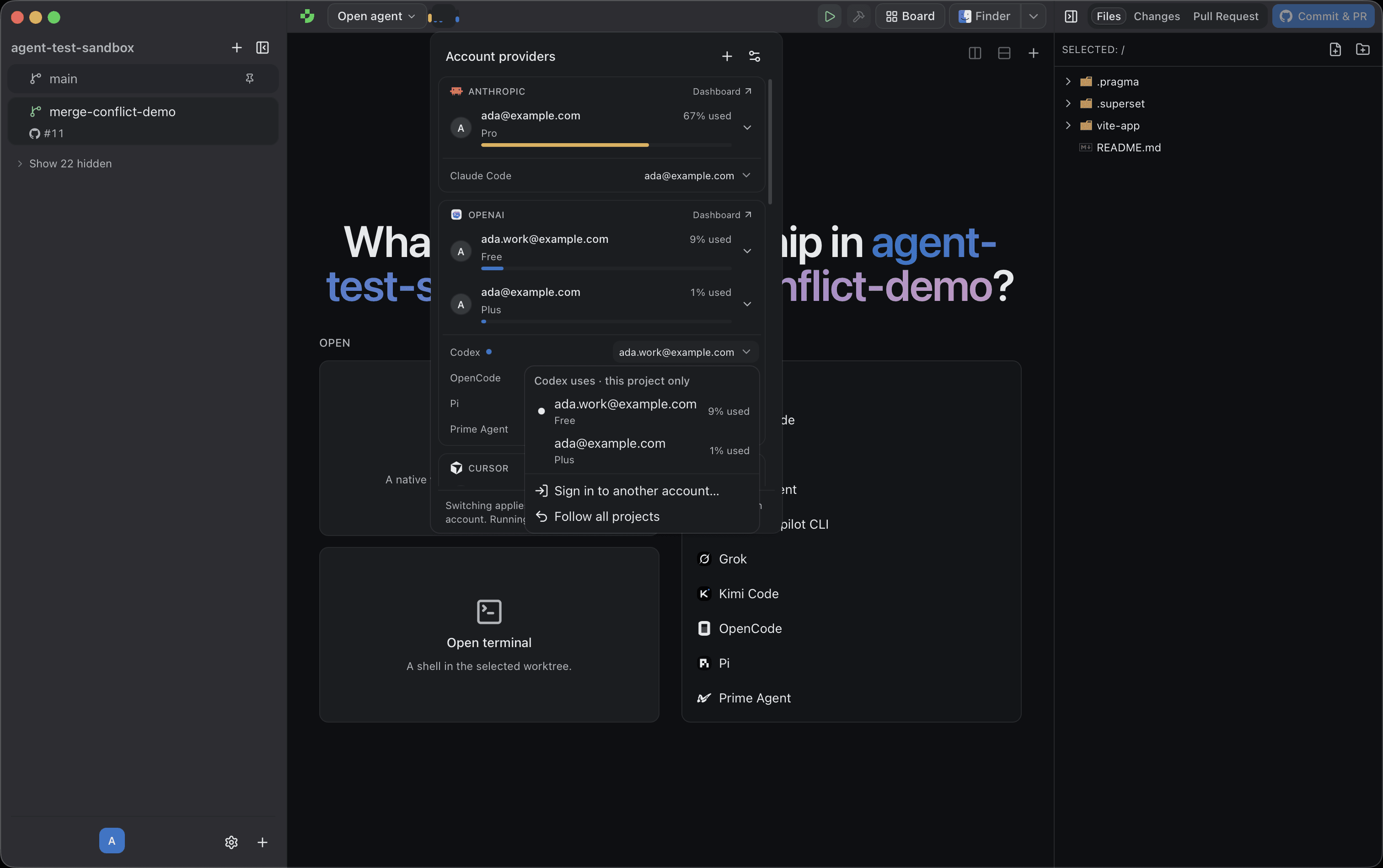 Pragma's Account providers menu listing Anthropic and OpenAI accounts with their usage, and Codex's account picker open with a choice for this project only
