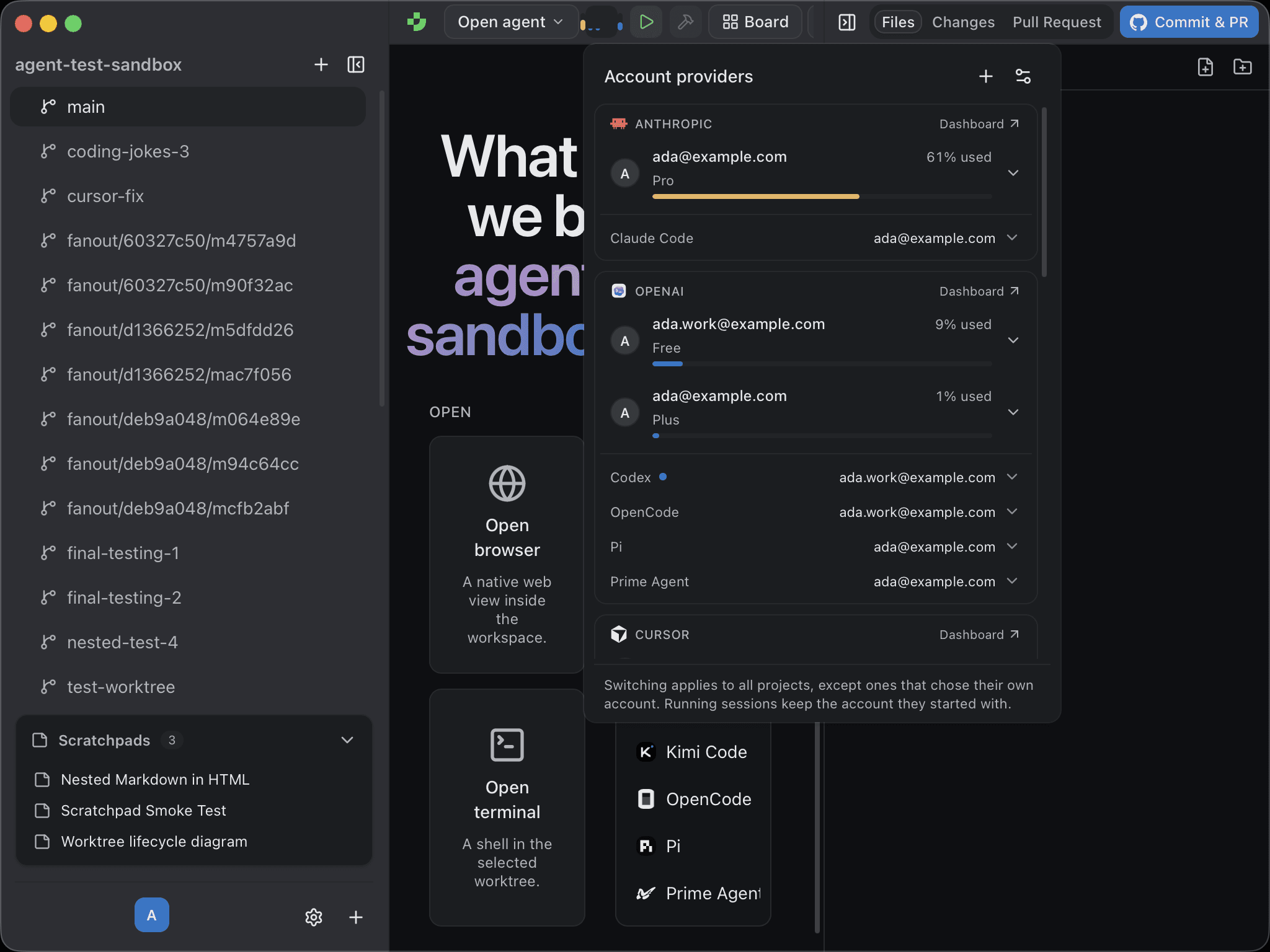 The Account providers menu listing an Anthropic Pro account at 61% used and two OpenAI accounts, with the account each harness launches with
