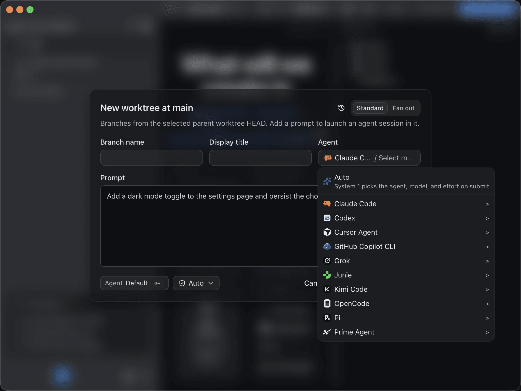 The new-worktree dialog's agent picker, with Auto at the top described as "System 1 picks the agent, model, and effort on submit"