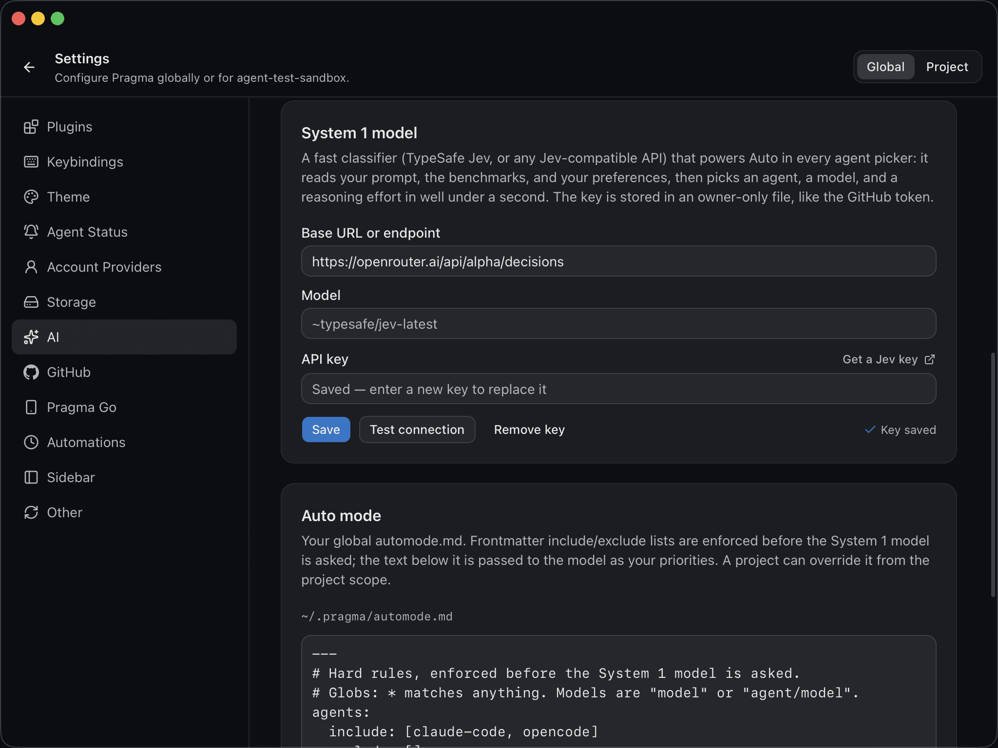 Pragma's AI settings with the System 1 model card filled in for OpenRouter's decisions endpoint, the model ~typesafe/jev-latest, and a saved API key