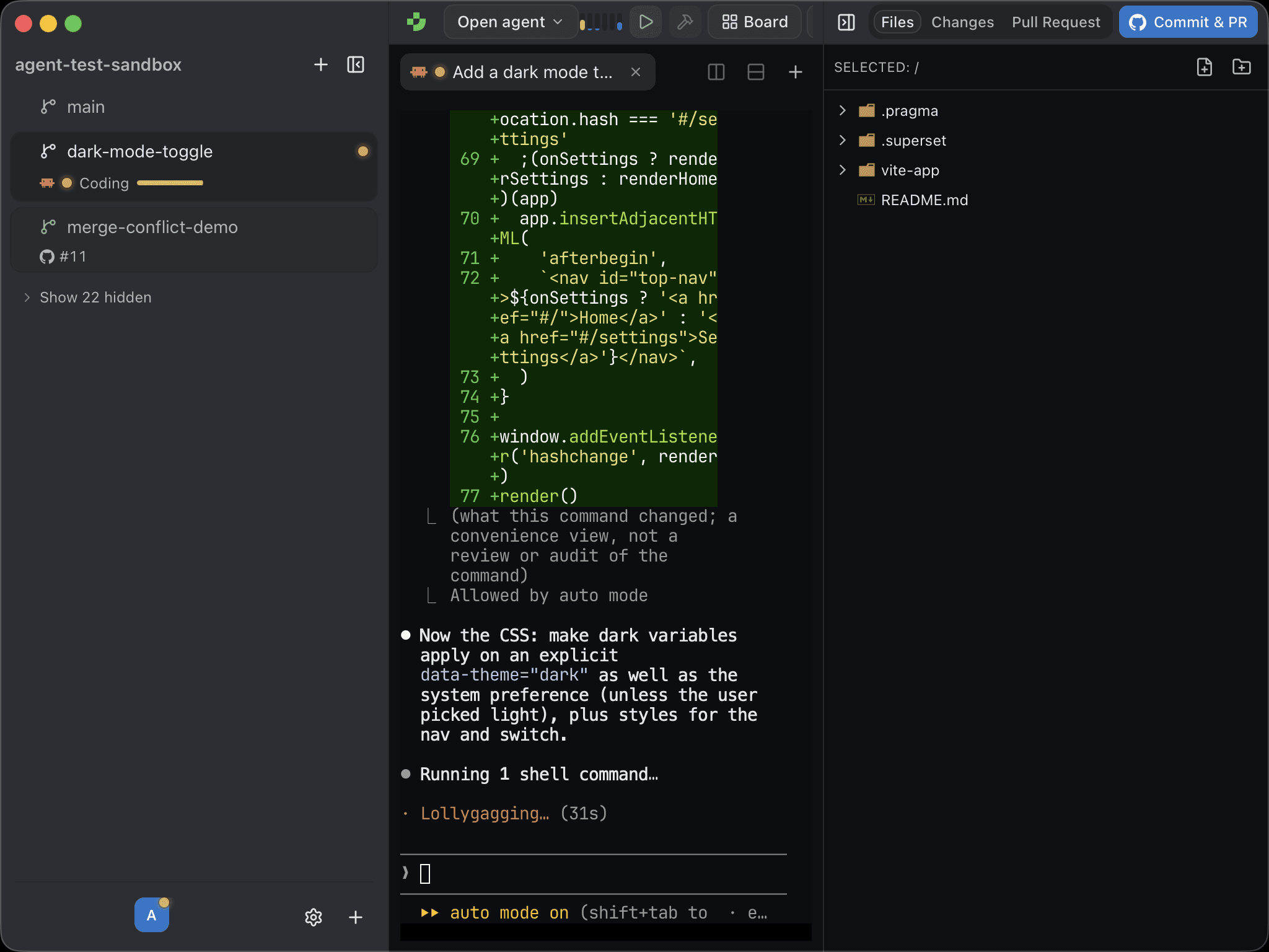 The Pragma sidebar with a dark-mode-toggle worktree whose Claude Code agent reads Coding beside a progress bar