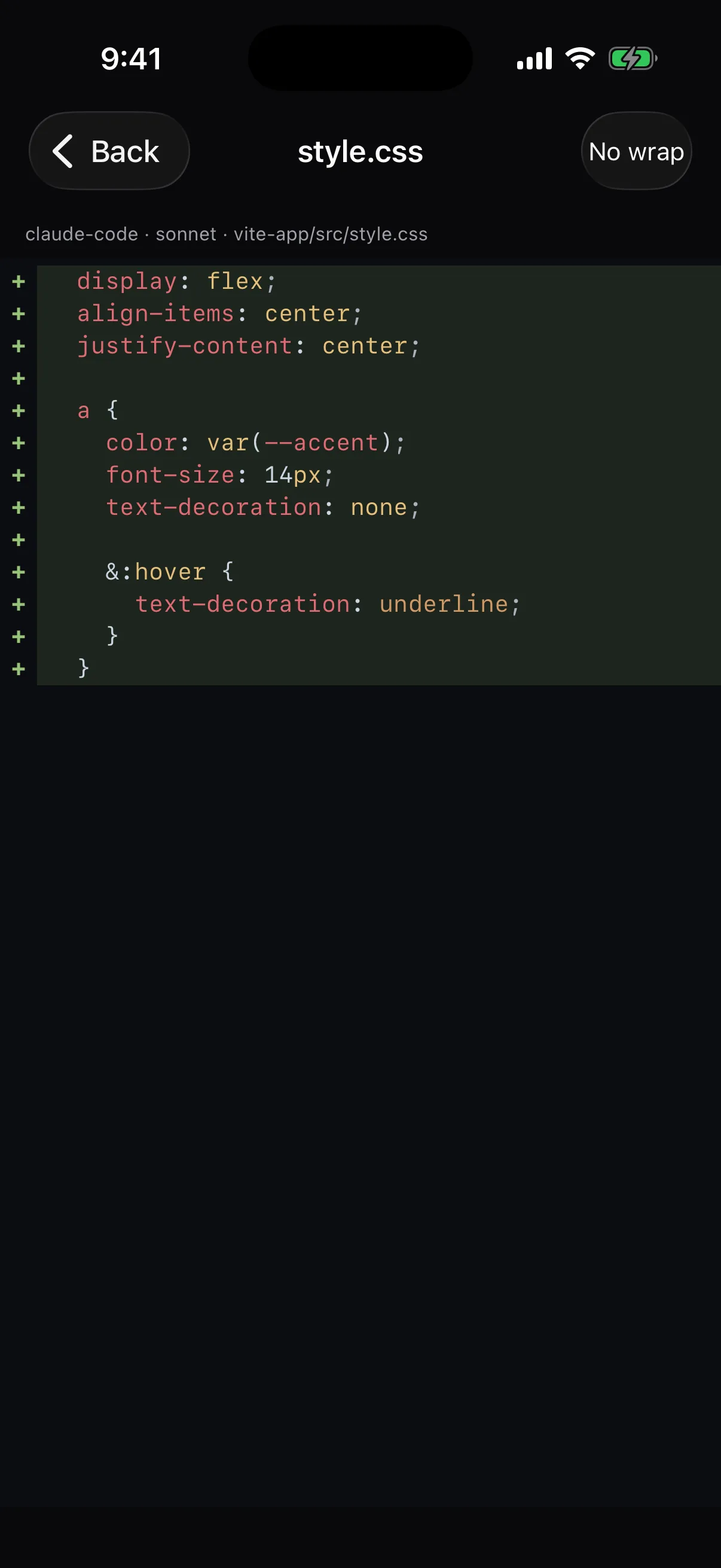 Pragma Go showing a syntax-highlighted diff of a CSS file an agent changed