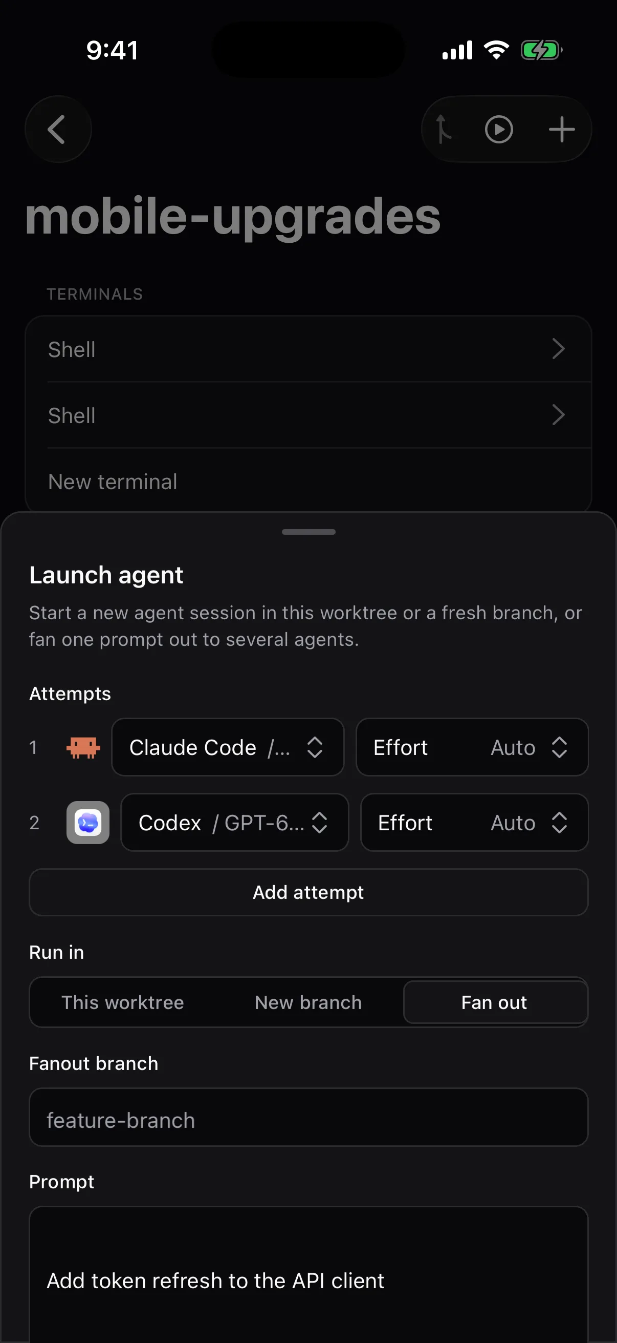 The Pragma Go launch sheet in Fan out mode with Claude Code and Codex attempts