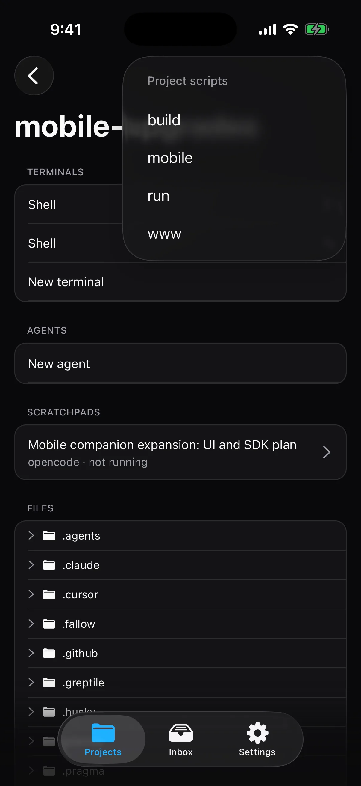 The Pragma Go project scripts menu listing build, mobile, run, and www