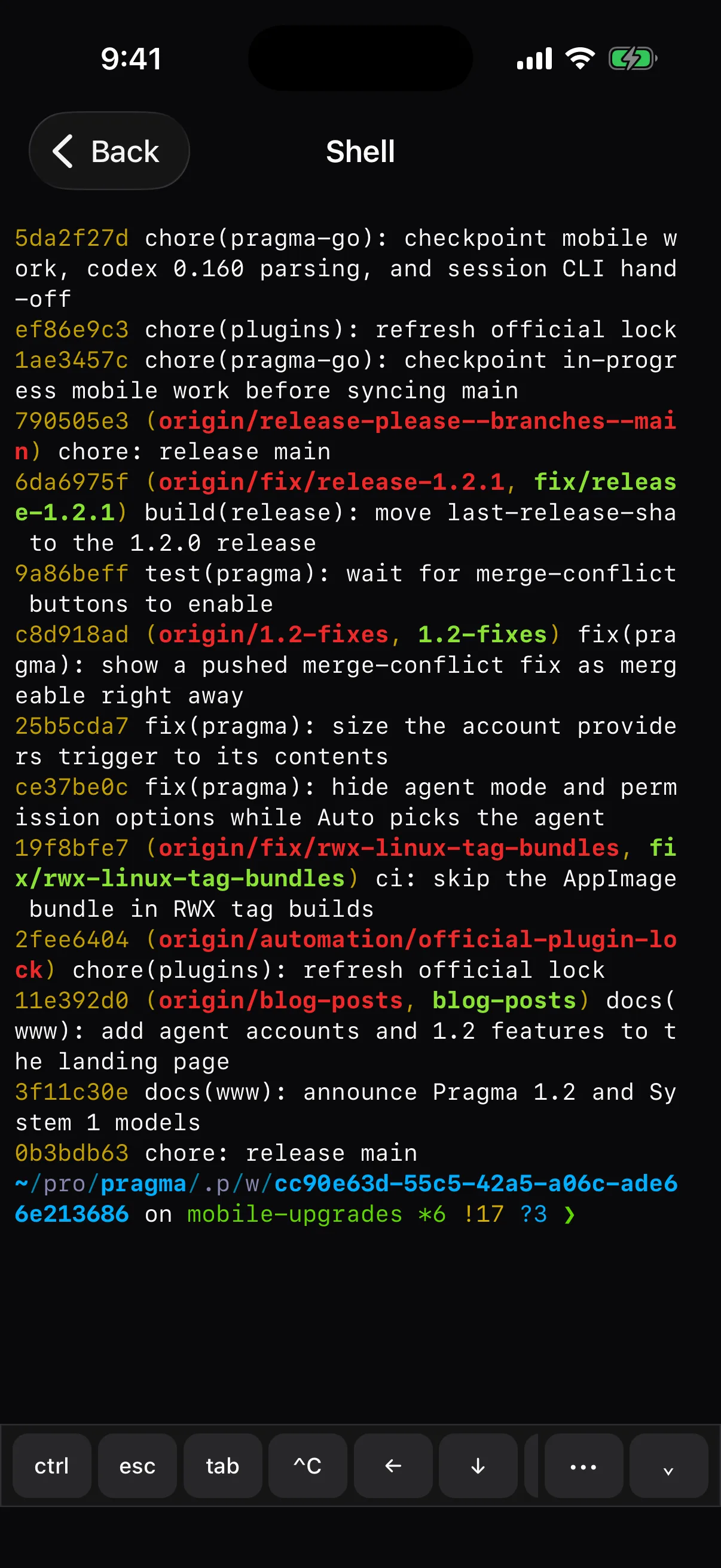 Pragma Go showing a live shell terminal with git log output and a key bar with ctrl, esc, tab, and Ctrl-C